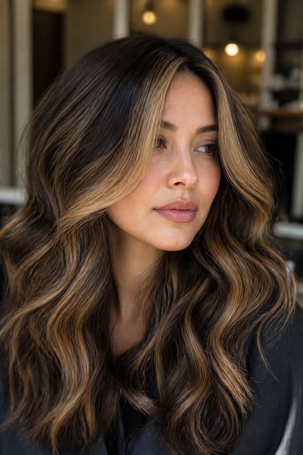 Close-up of a real woman with hazelnut halo balayage