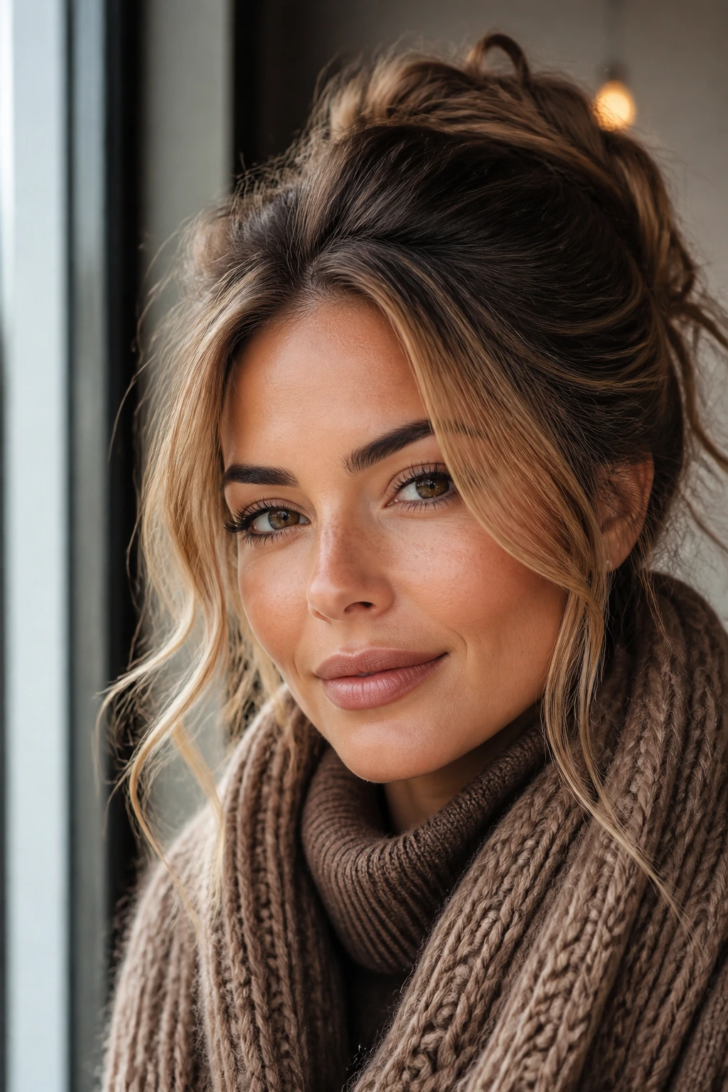 Portrait showing hazelnut halo highlights around the face