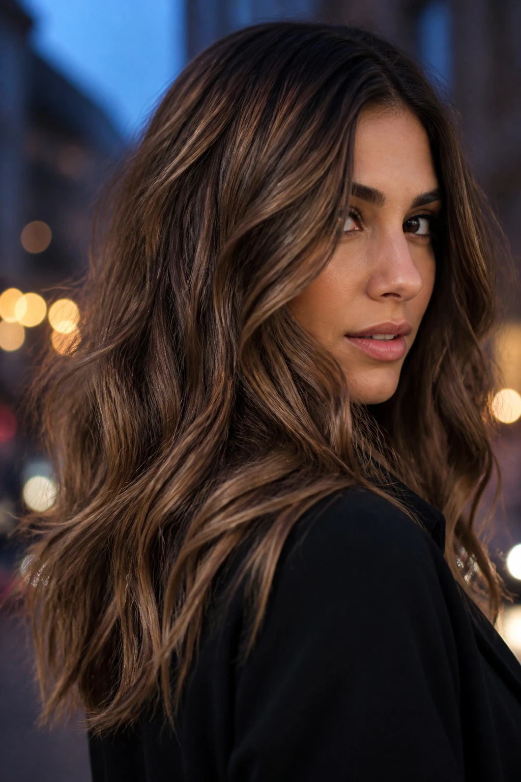 Close-up portrait of a real woman with Hazelnut Lowlight Mix hair and deeper lowlights.