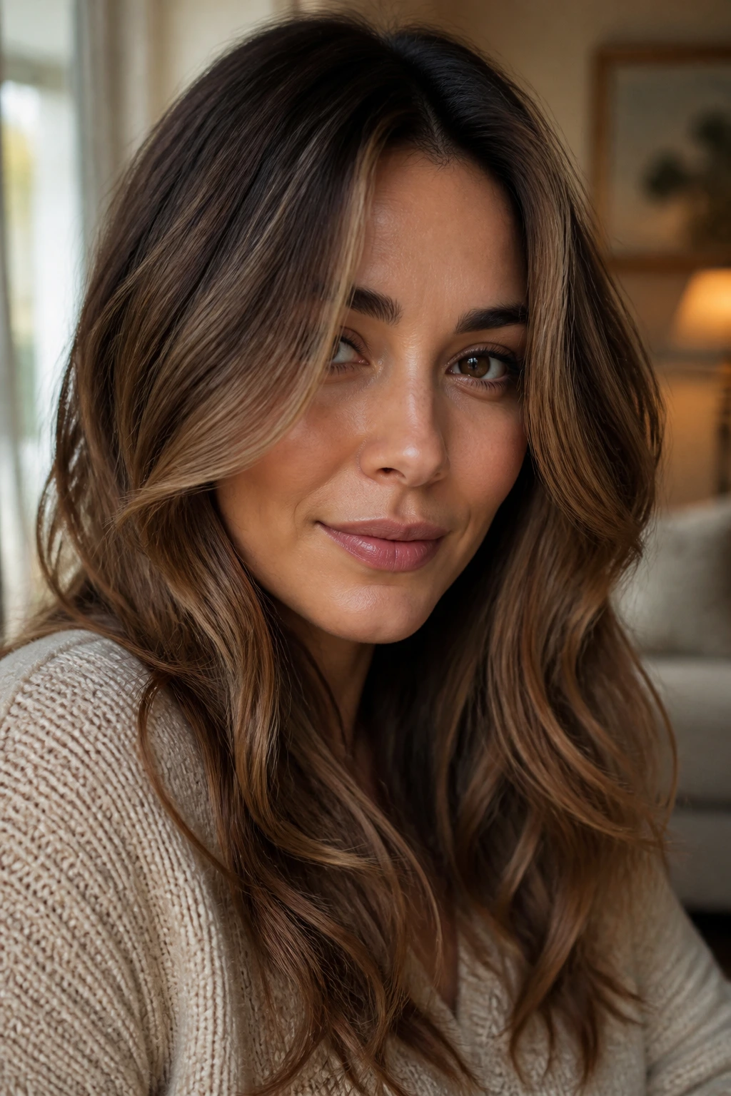 Close-up portrait of a woman with hazelnut lowlights adding depth to warm brown hair.