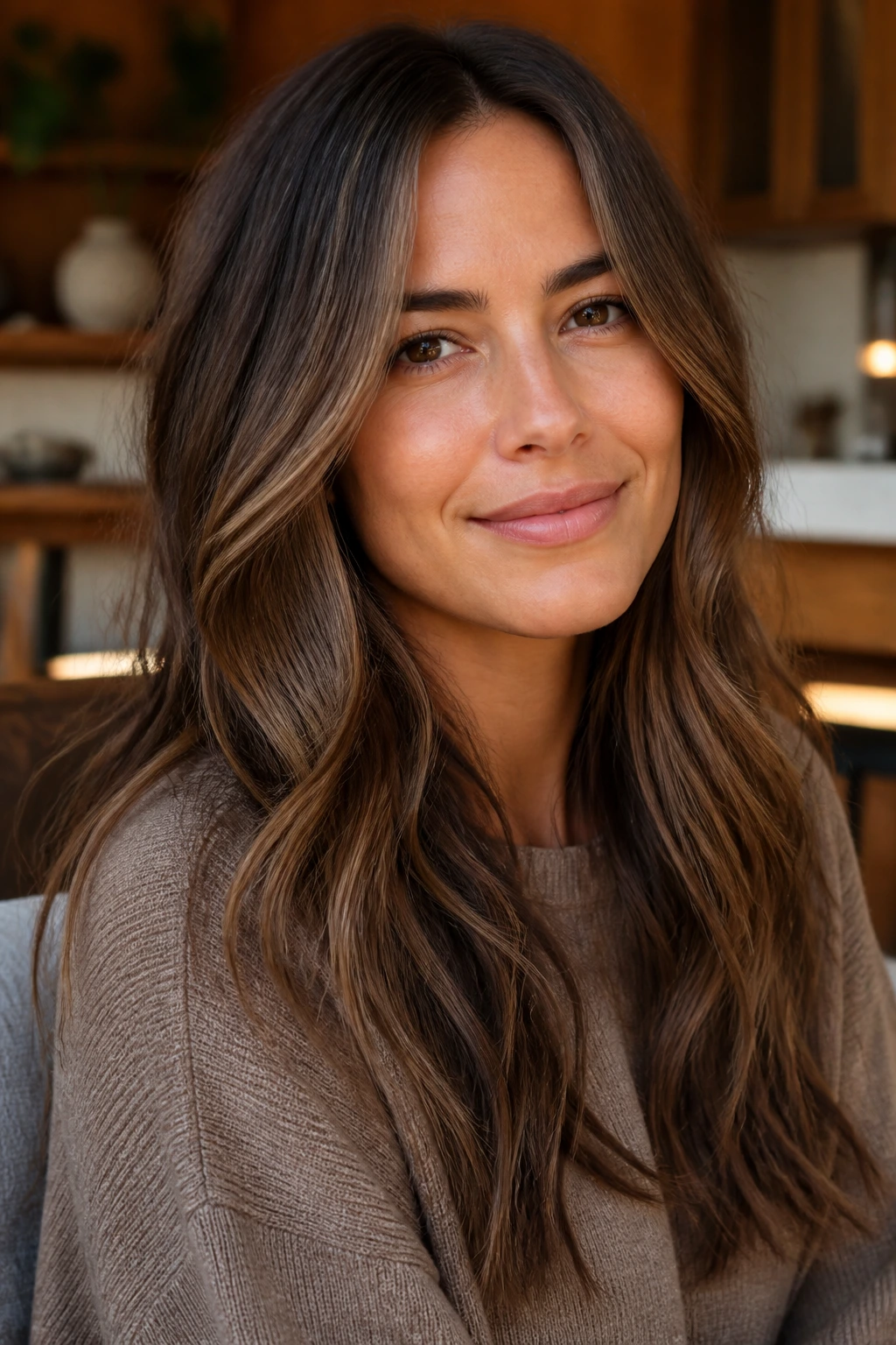 Close-up portrait of a person with hazelnut melt hair color in a warm living room