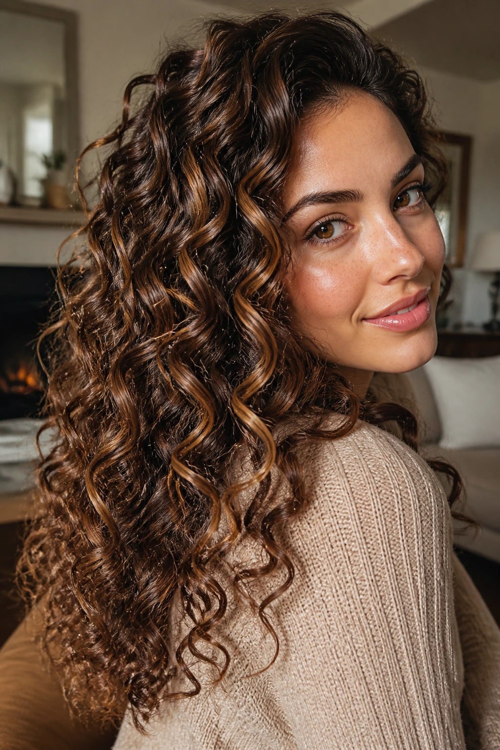 Portrait of a real person with hazelnut mocha curls catching light on each coil