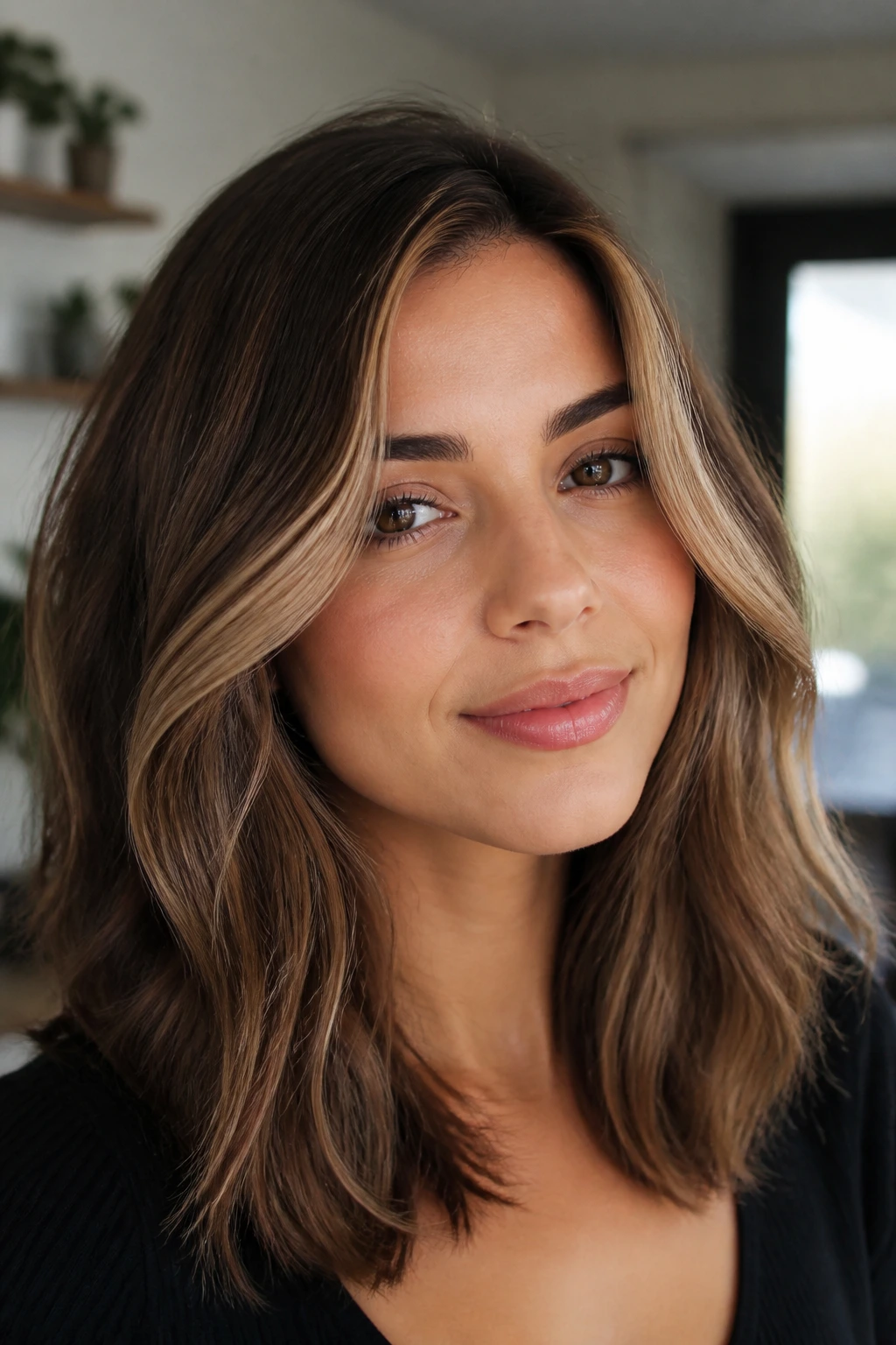 Close-up of a real woman with hazelnut money piece on medium-length brunette hair
