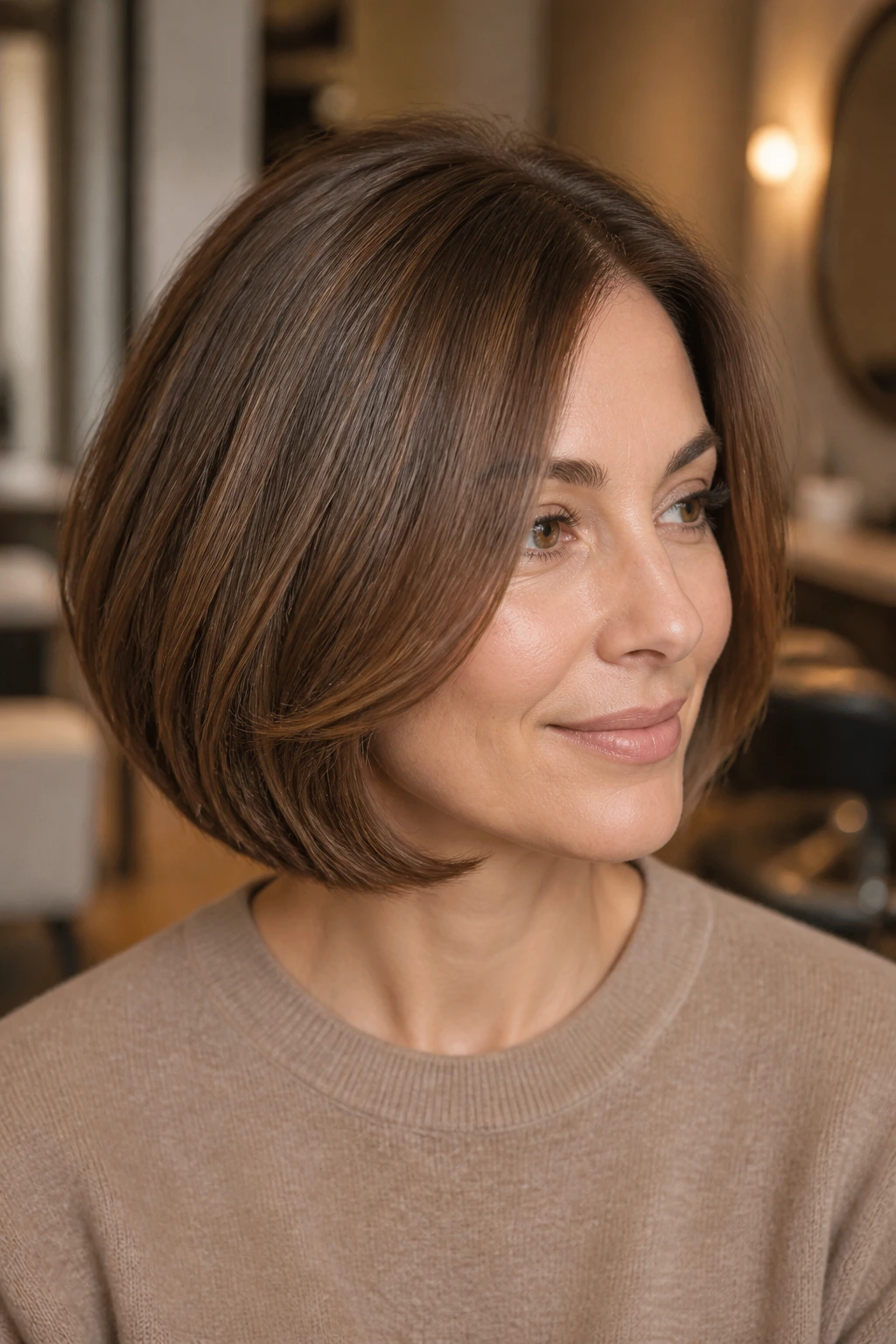 Close-up portrait of a woman with a hazelnut rounded bob filling the frame.