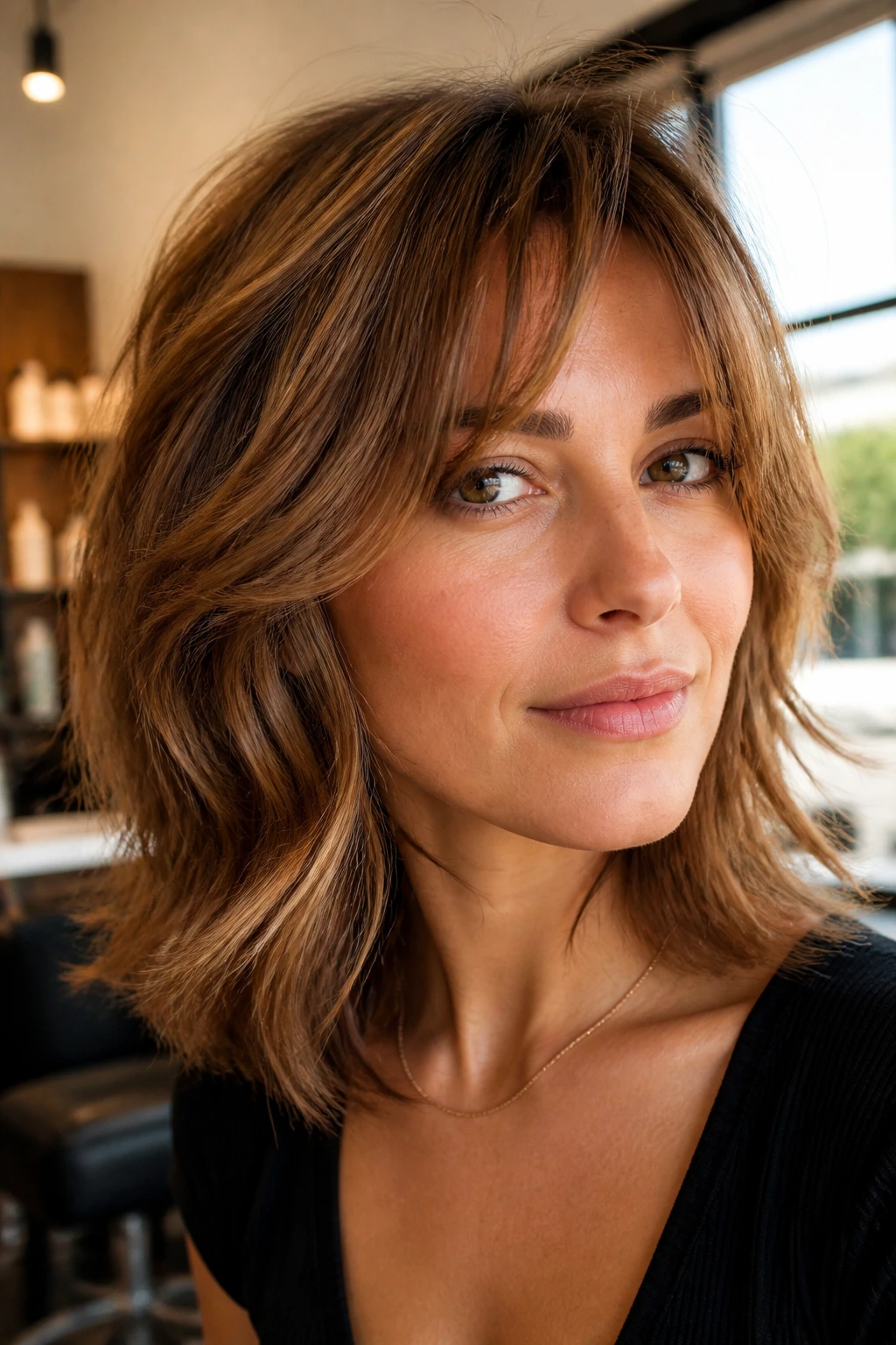 Close-up of a woman with hazelnut shag lob in warm brown tones with airy layers