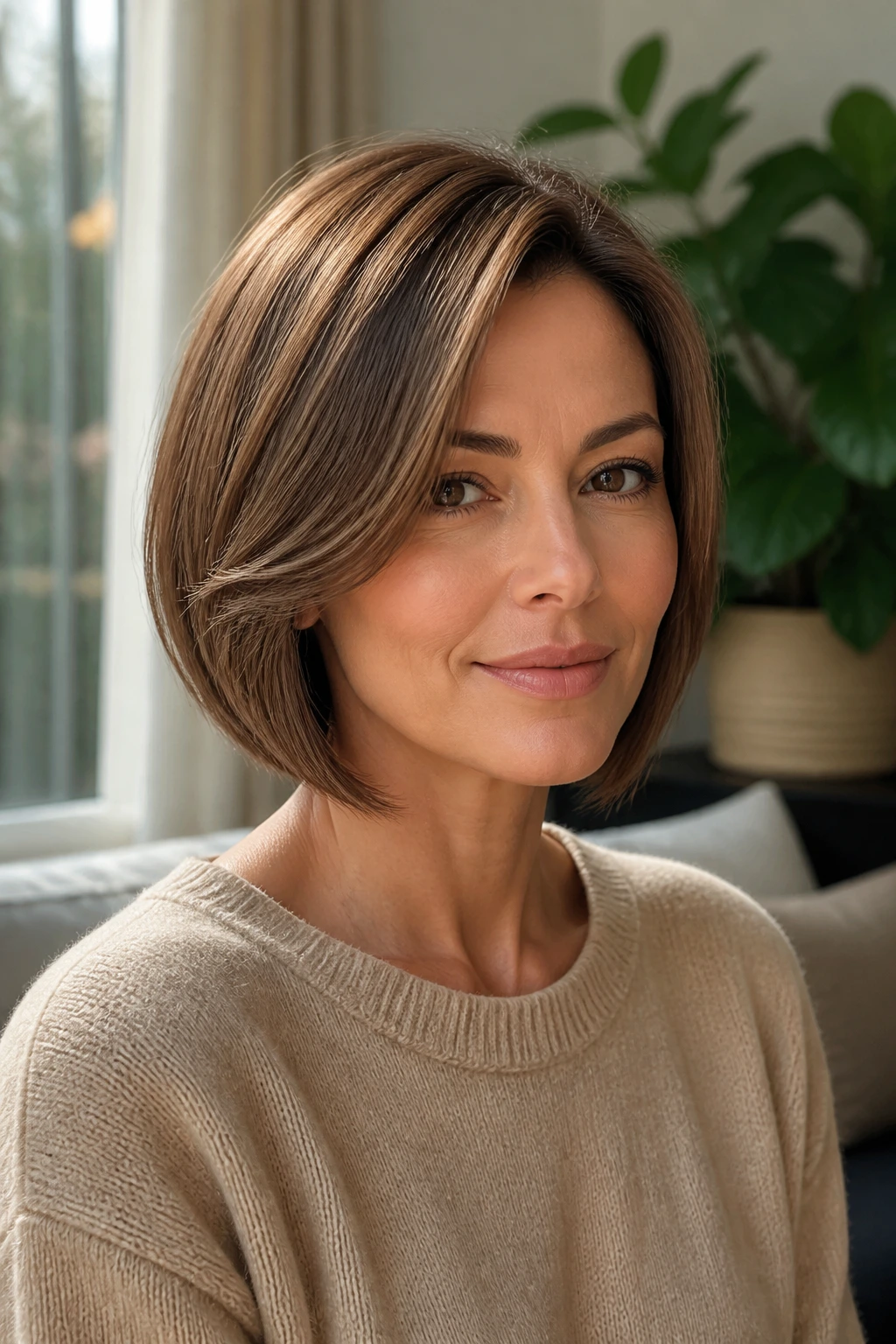Close-up portrait of a real woman with hazelnut side-part bob and soft side-swept fringe.