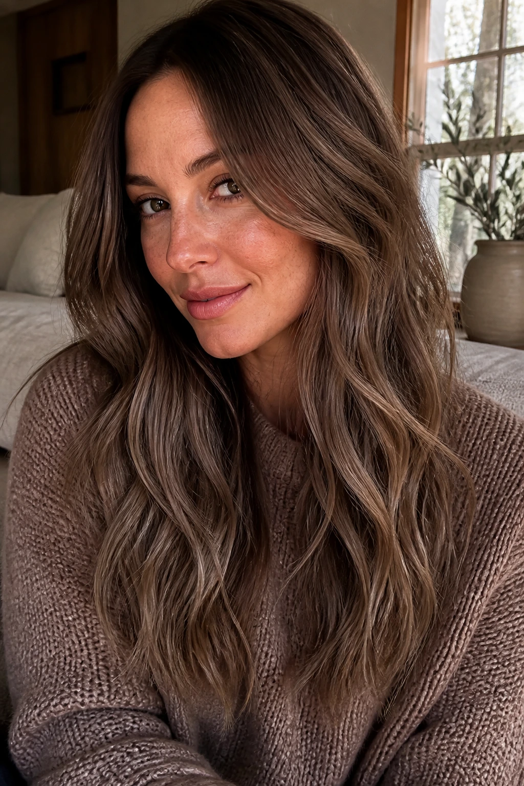 Close-up portrait of a real woman with hazelnut smokeshow hair color featuring rooted brown to smoked taupe.