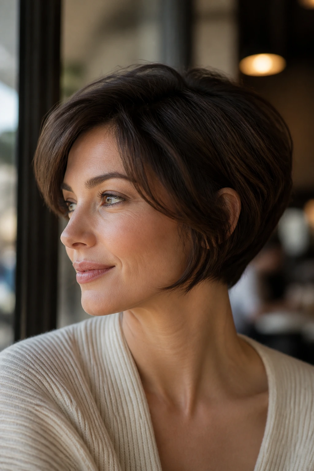 Portrait of a woman with a head-flattering short cut around ears and neck