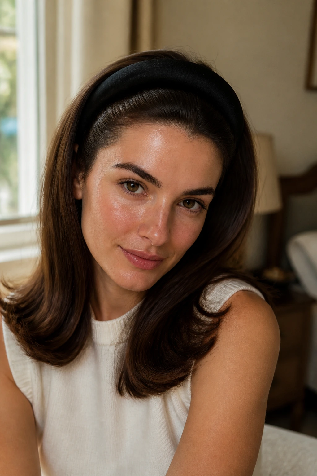 Portrait of a woman with a headband blowout hairstyle