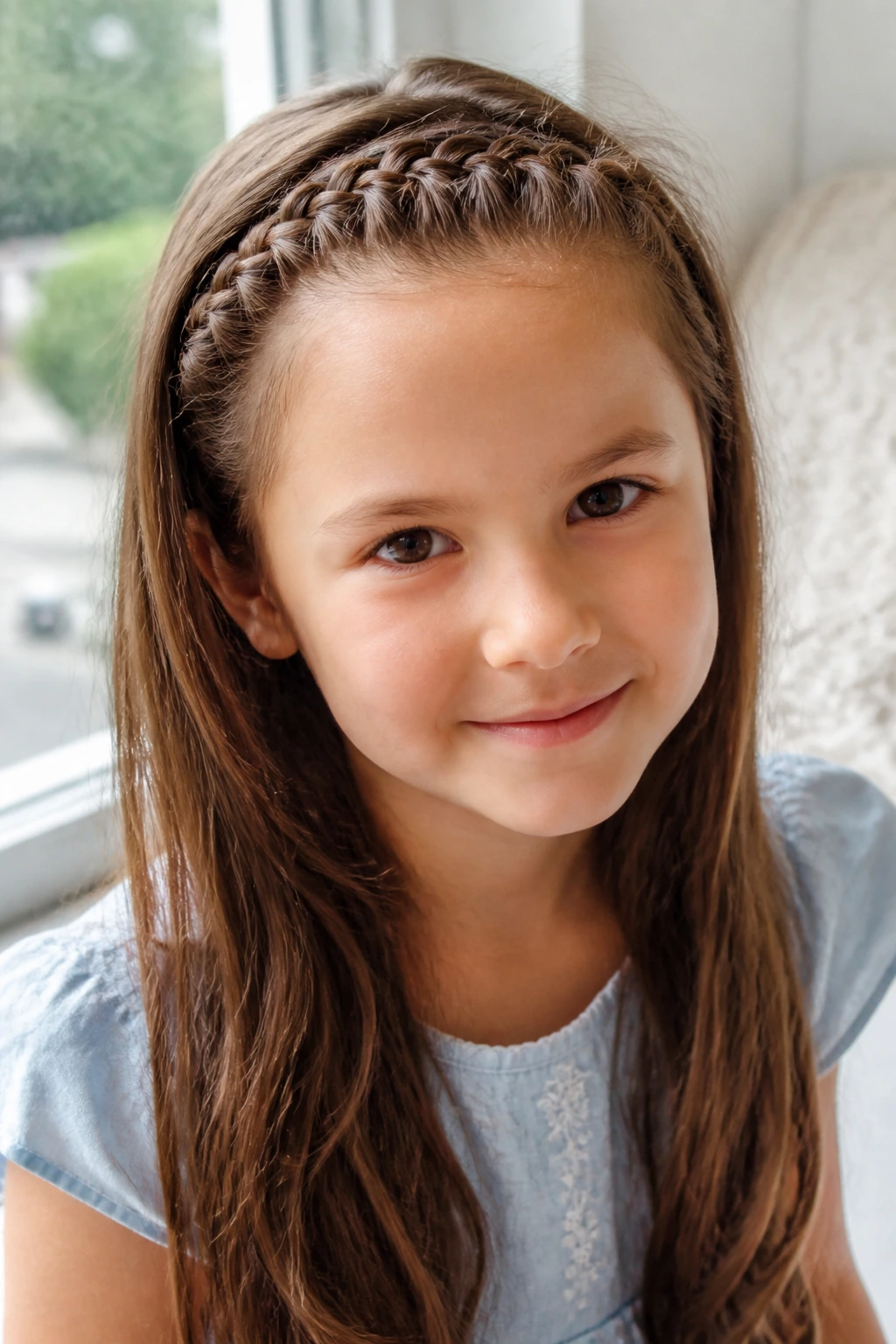 Close-up of girl with headband braid keeping bangs back