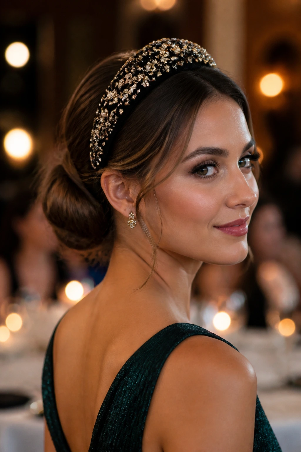 Real woman wearing a padded embellished headband with a smooth chignon at the back.