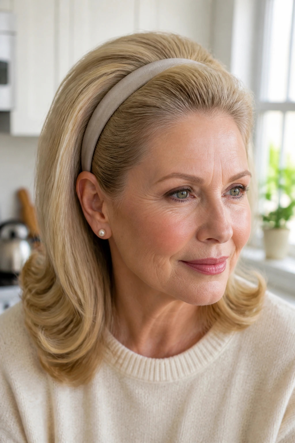 Close-up portrait of a real woman with headband crown volume hairstyle