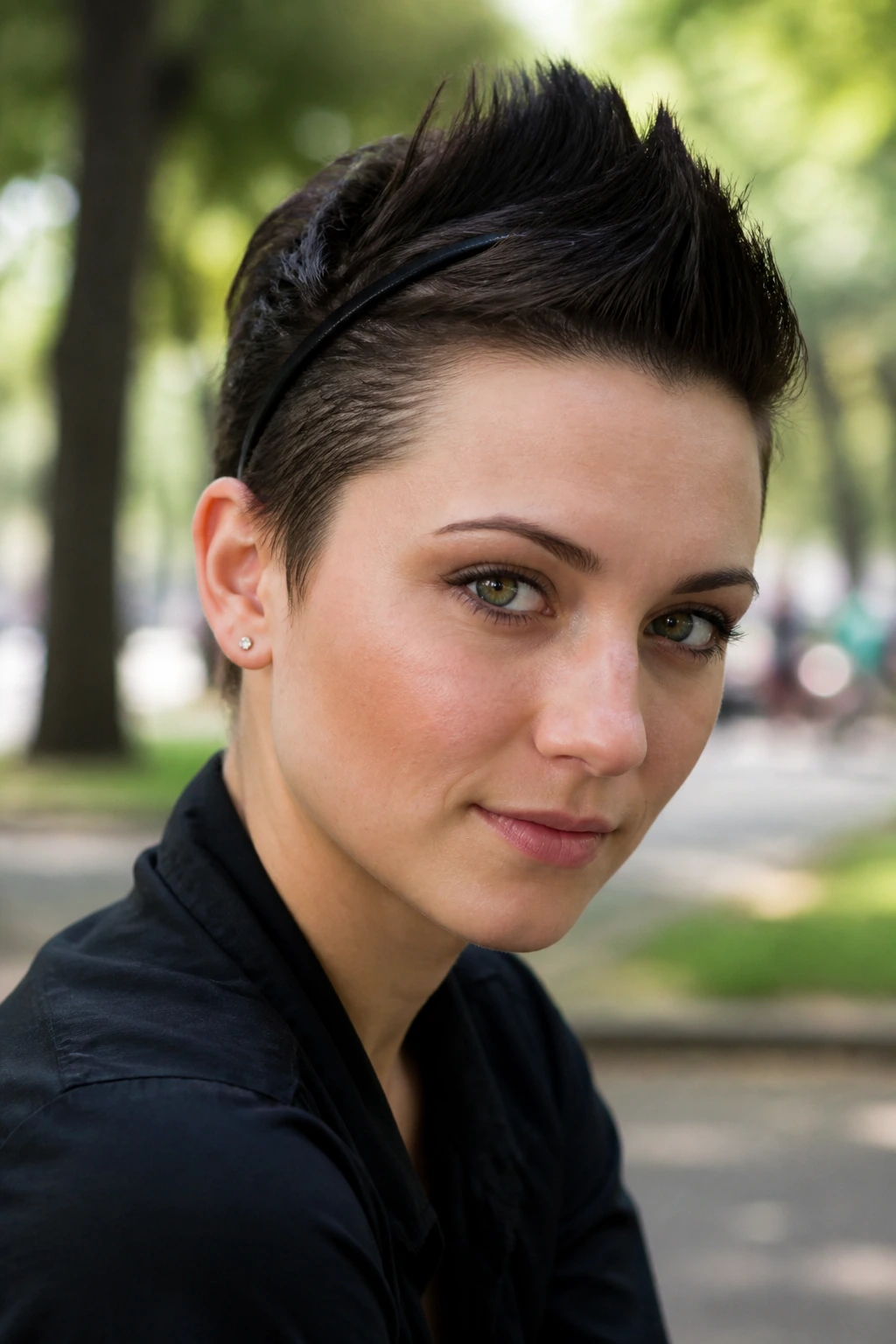 Close-up of a real person with a headband faux hawk in an outdoor park