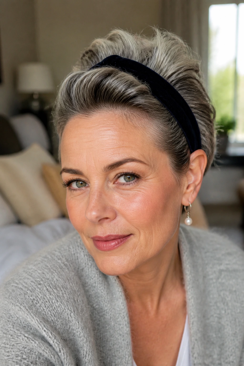 Close-up of a real woman wearing a headband faux hawk with crown lift in soft window light.