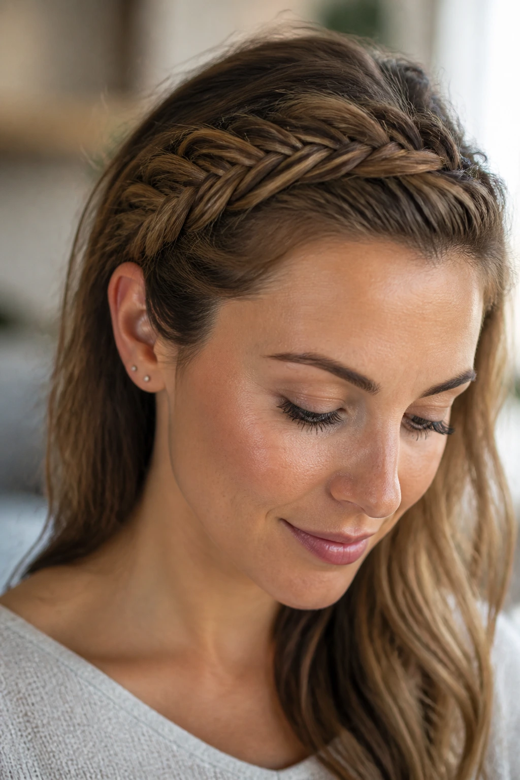 Close-up of a real woman wearing a headband-style fishtail braid across the front of her head.
