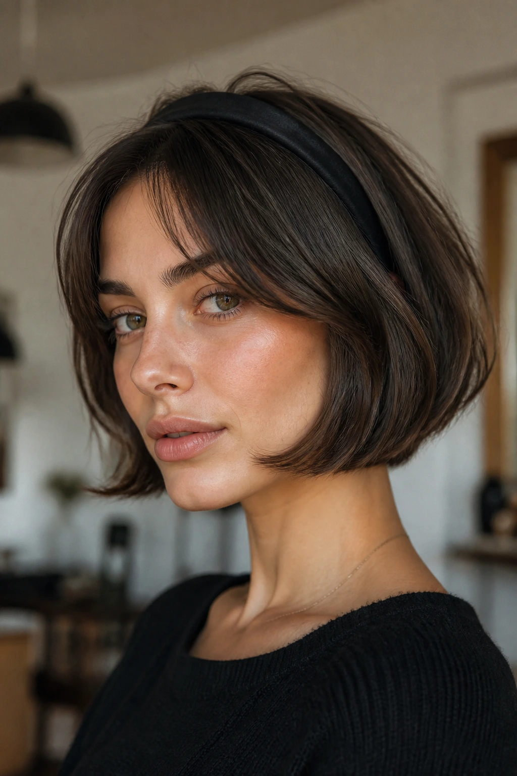Portrait of woman wearing a slim headband with French bob