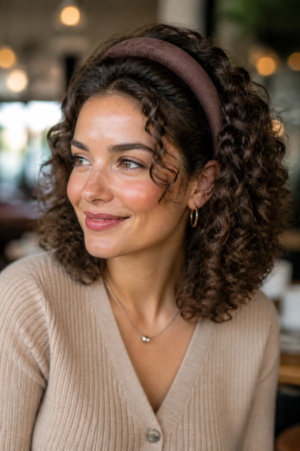 Close-up portrait of headband halo with loose volume on real woman's curls
