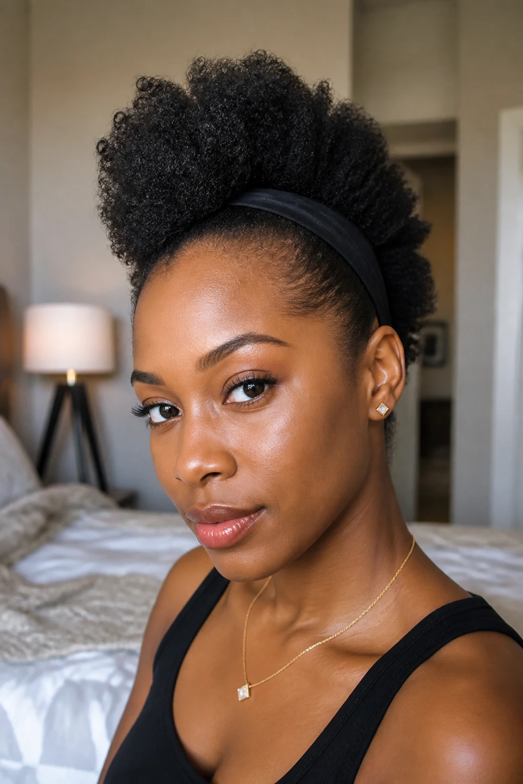 Close-up portrait of a real Black woman with a headband mohawk in a cozy bedroom window light