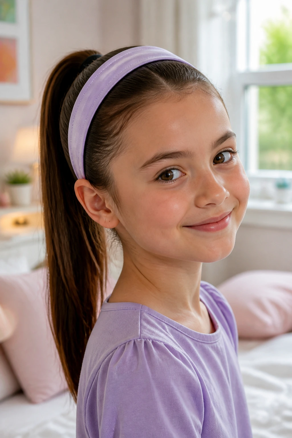 Close-up of a real child with a headband pony in a sunlit bedroom.