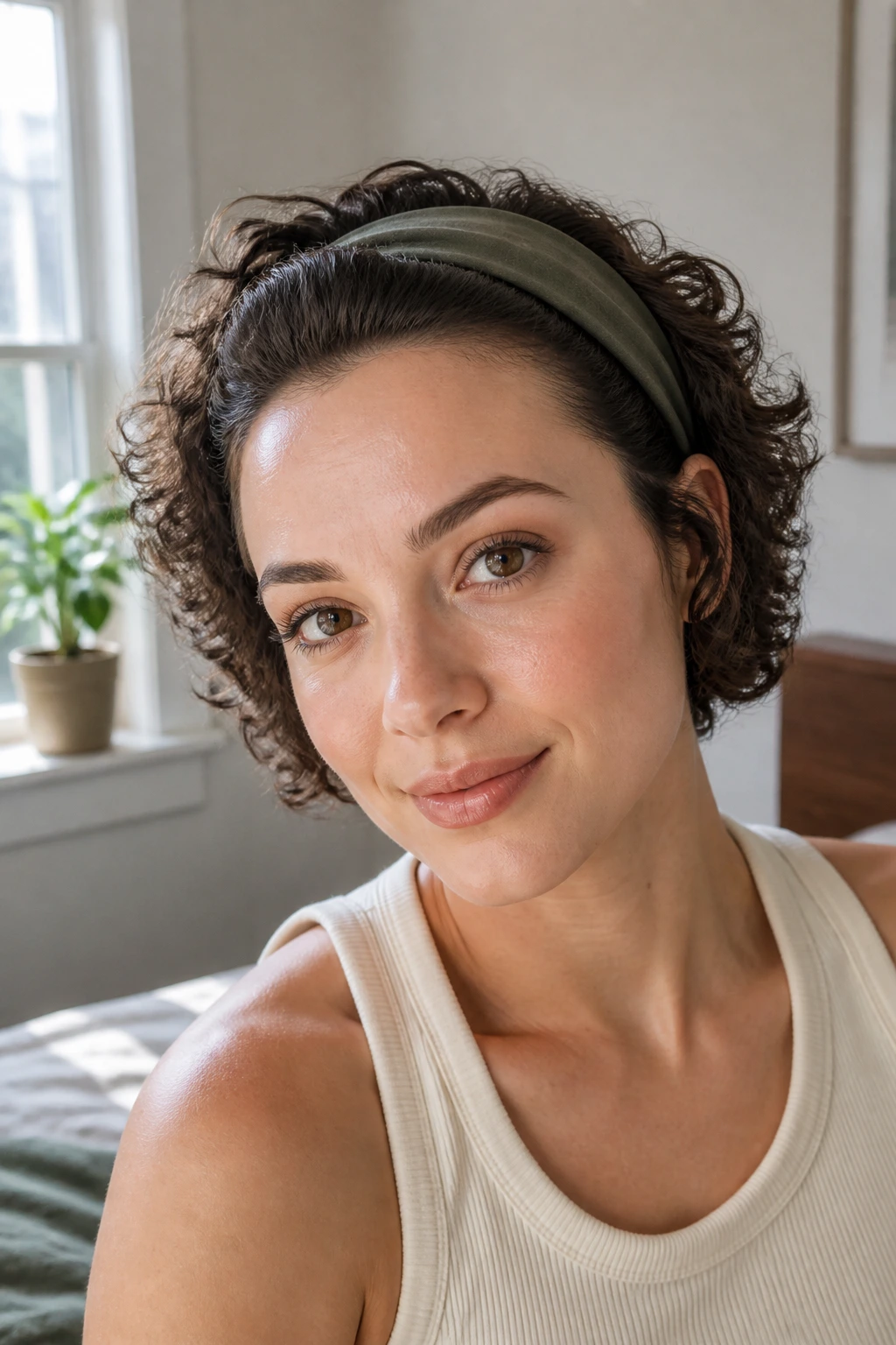Close-up of a real person with headband push-back hairstyle