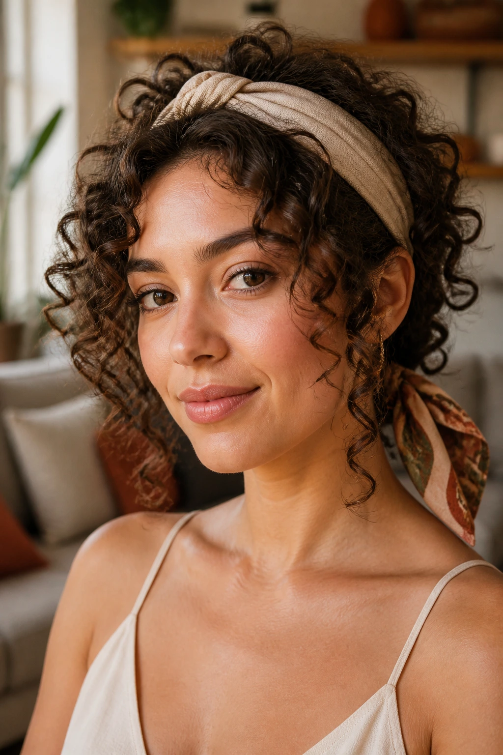 Close-up of a real woman with a headband and scarf styling shoulder-length curls.