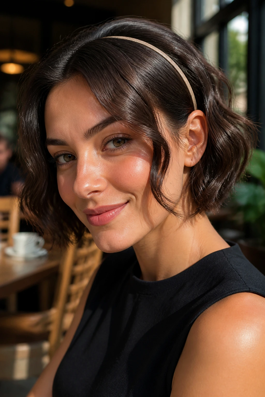 Close-up of a real woman with a headband-set wave bob wearing a slim headband