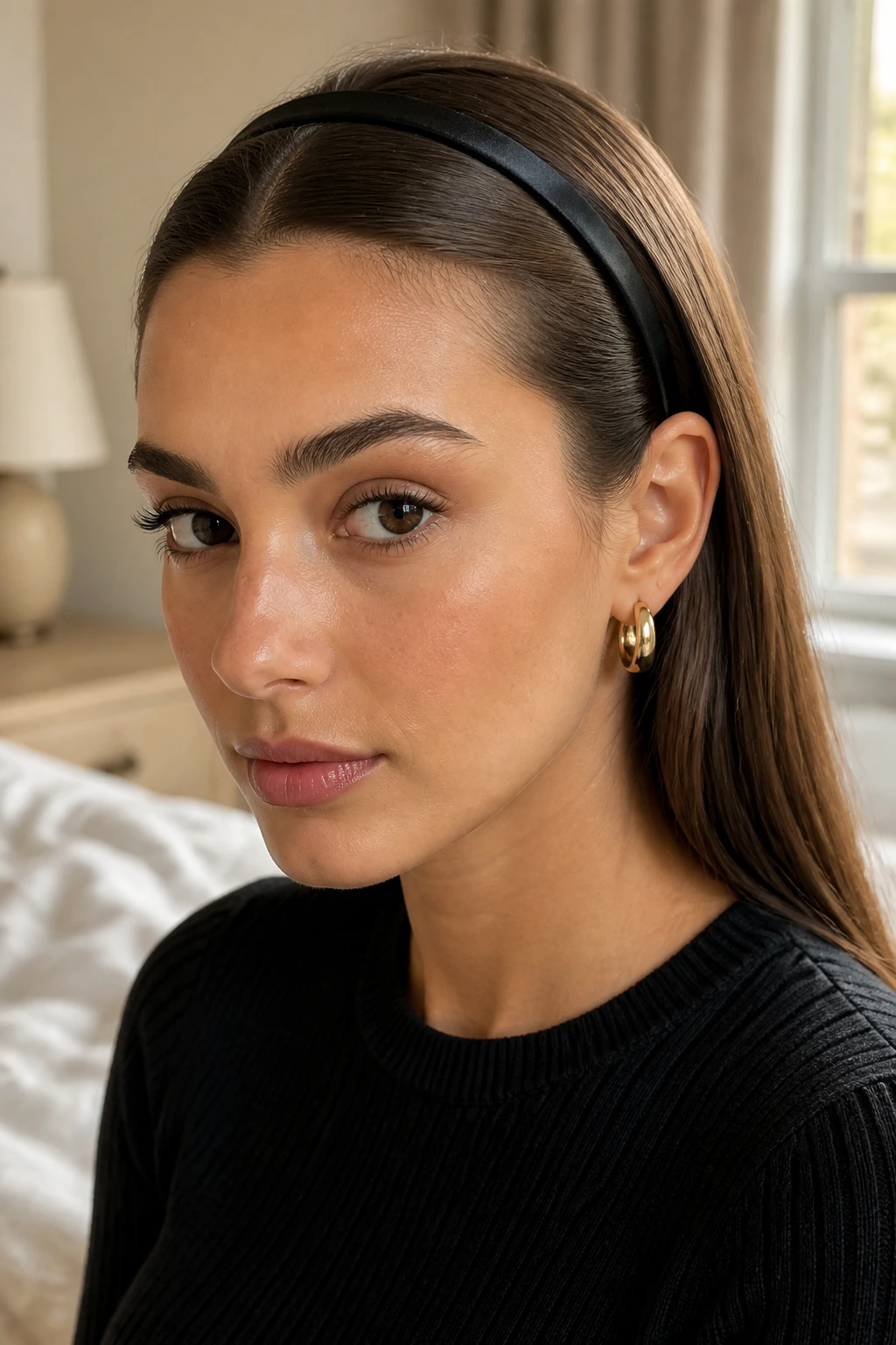 Close-up of a real woman with a slim satin headband and sleek back-swept hair