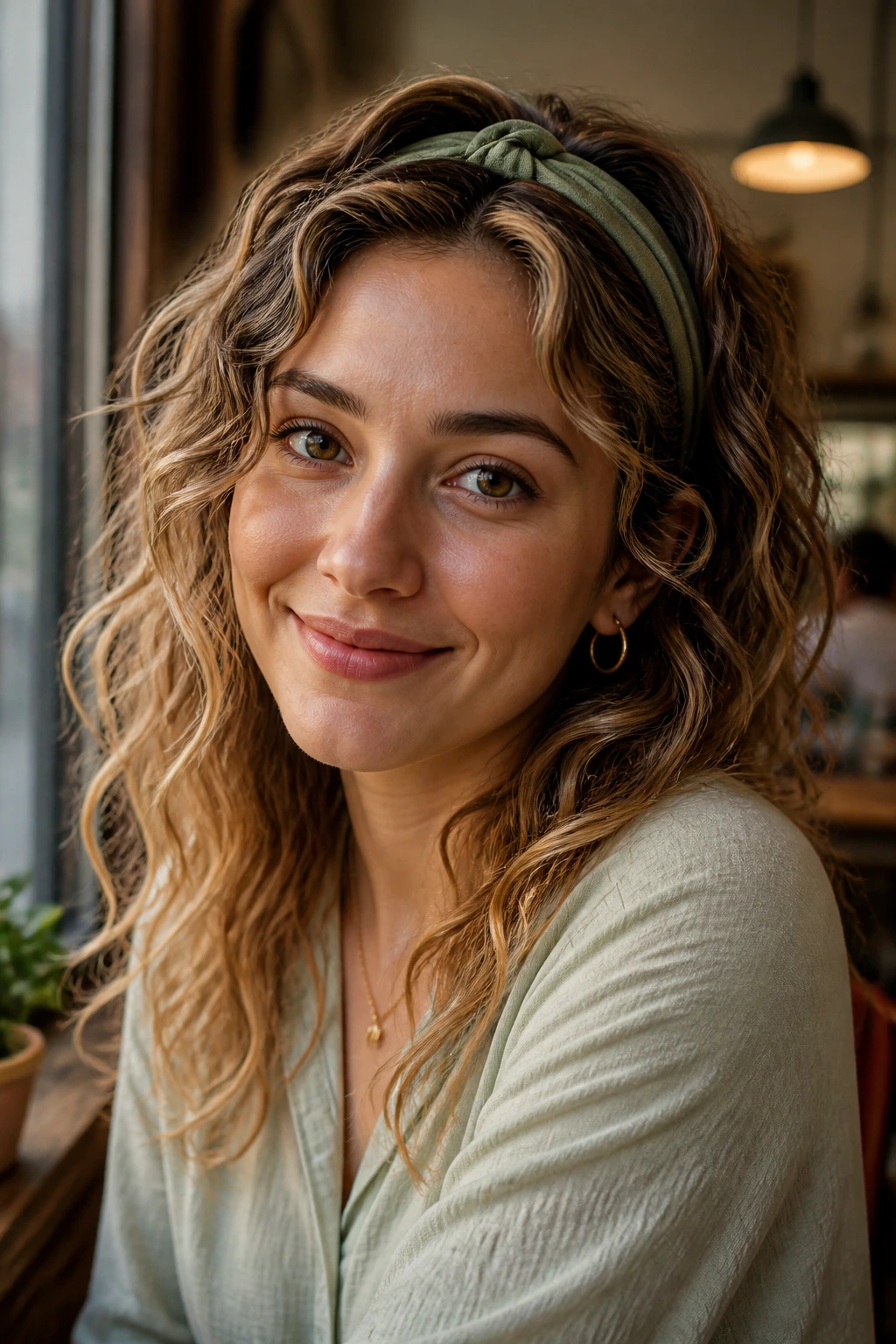 Portrait of a real woman wearing a headband sweep with waves around the face