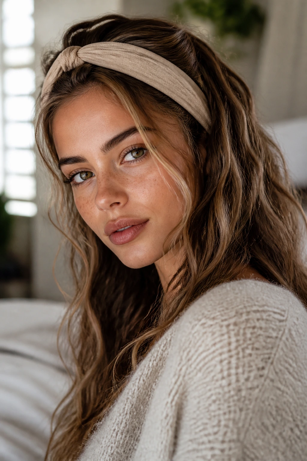 Real woman with headband sweep waves close-up portrait