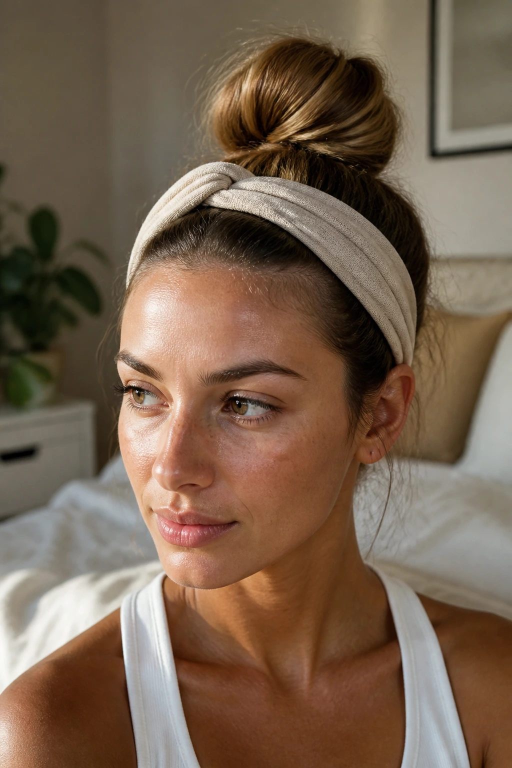 Close-up portrait of a real woman wearing a headband top knot hairstyle with a fabric headband in soft window light.