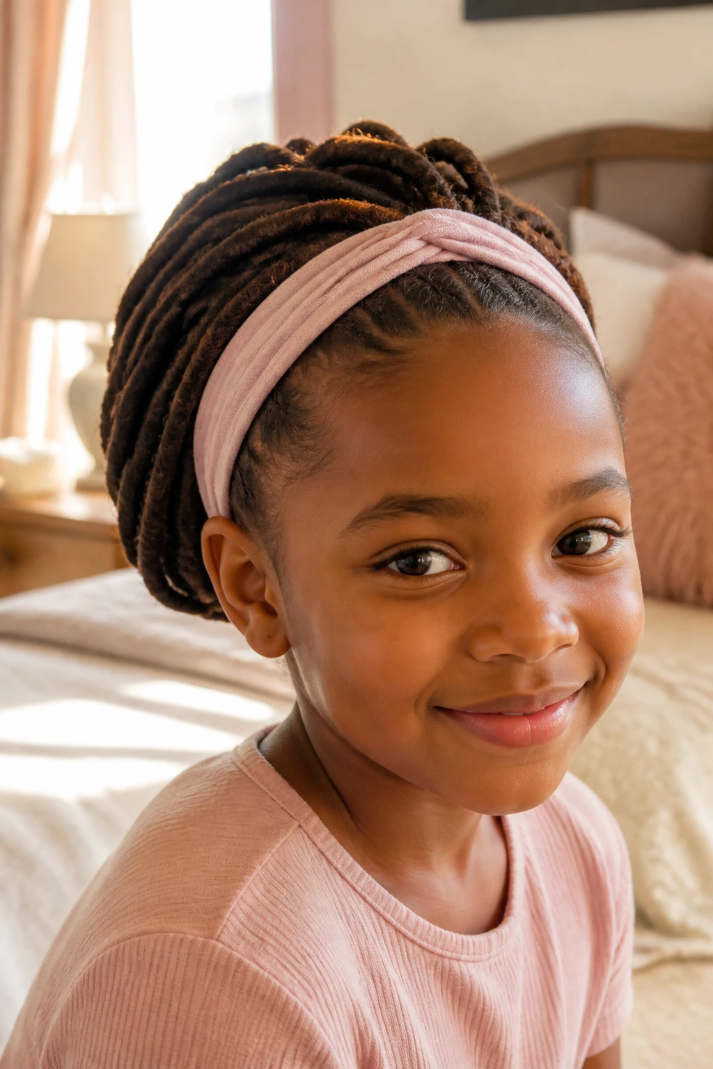Close-up of a child with headband tuck-back hairstyle
