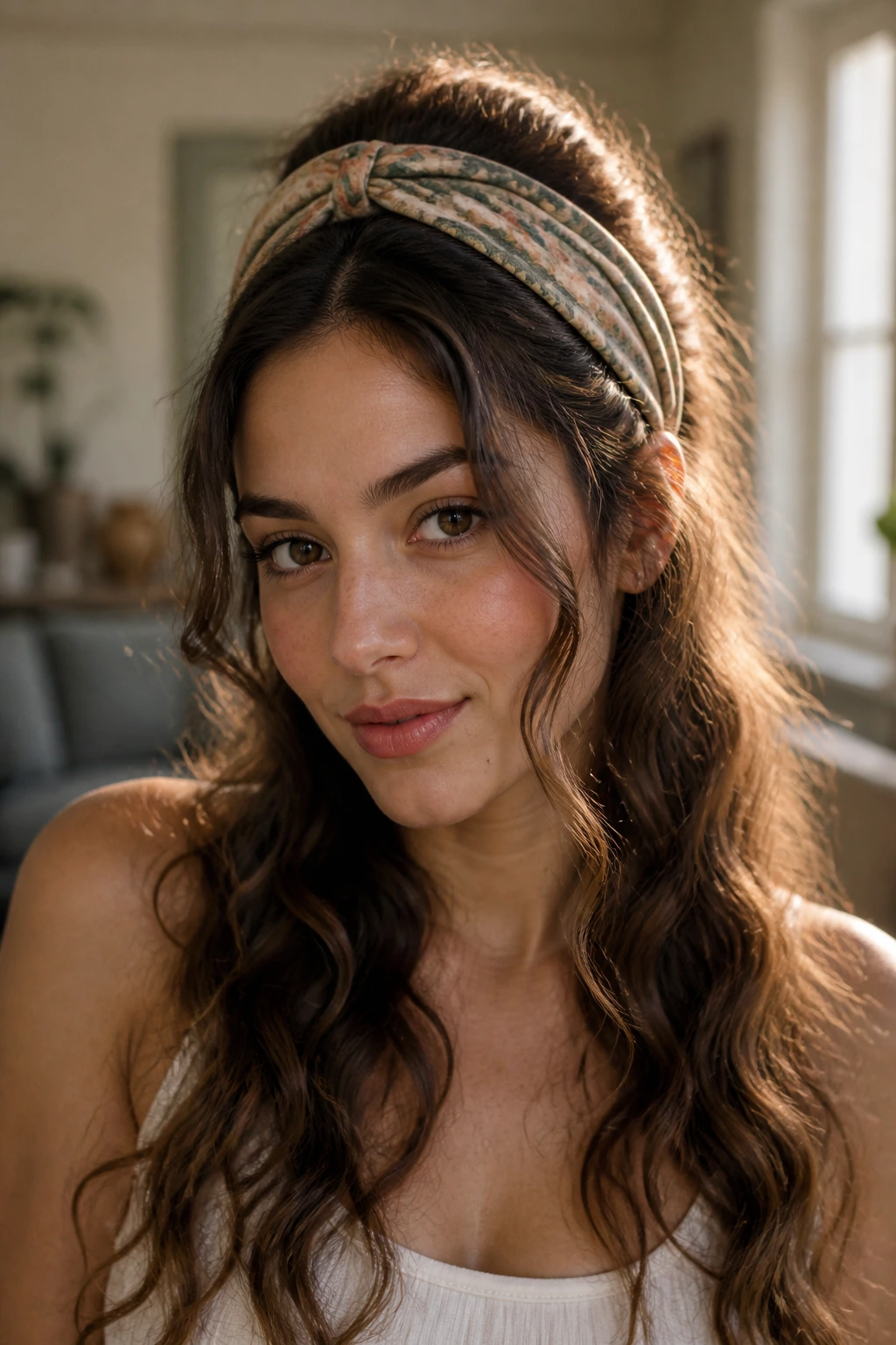 Portrait of a woman with headband tuck and crown volume