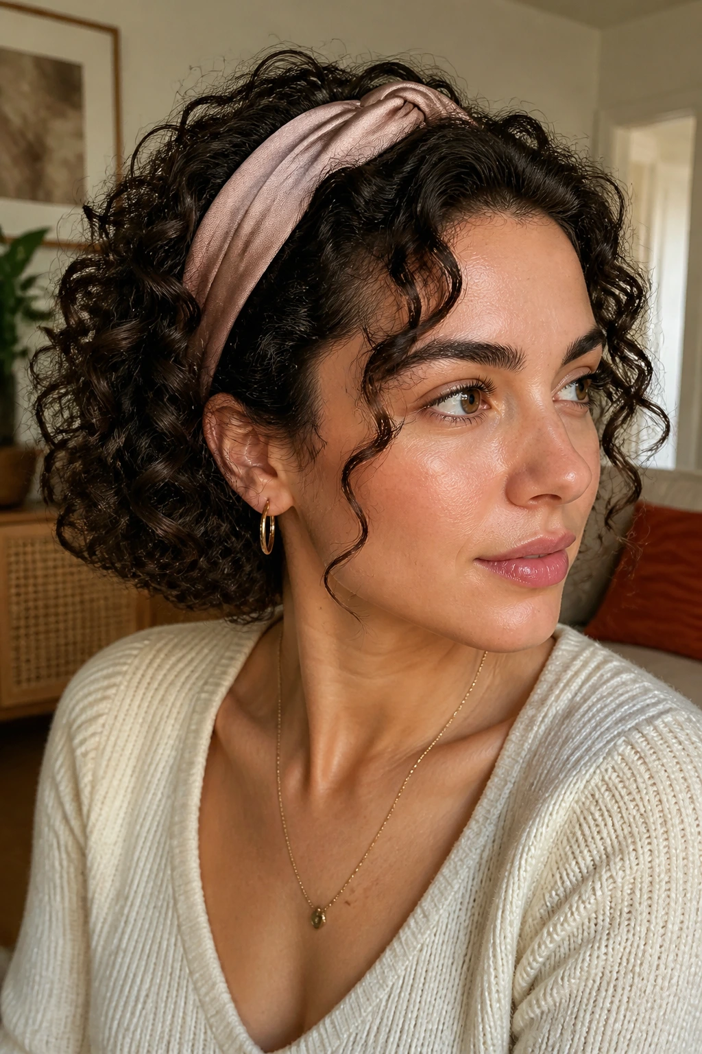 Real woman with curls tucked behind a satin headband.