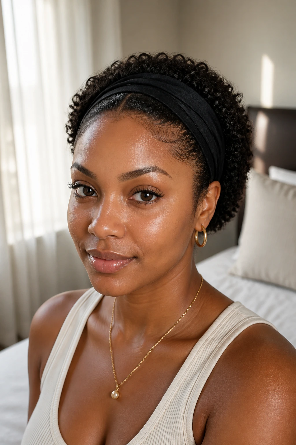 Close-up of a real woman with a headband tuck and tucked-in curls.