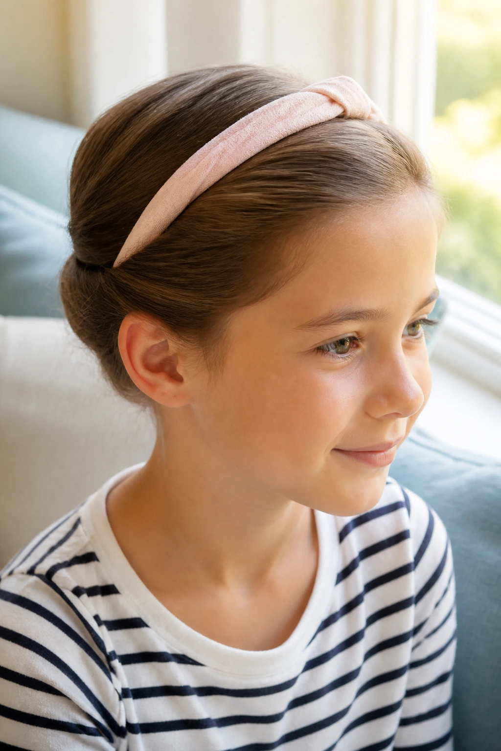 Child with hair tucked under a soft headband at the nape.