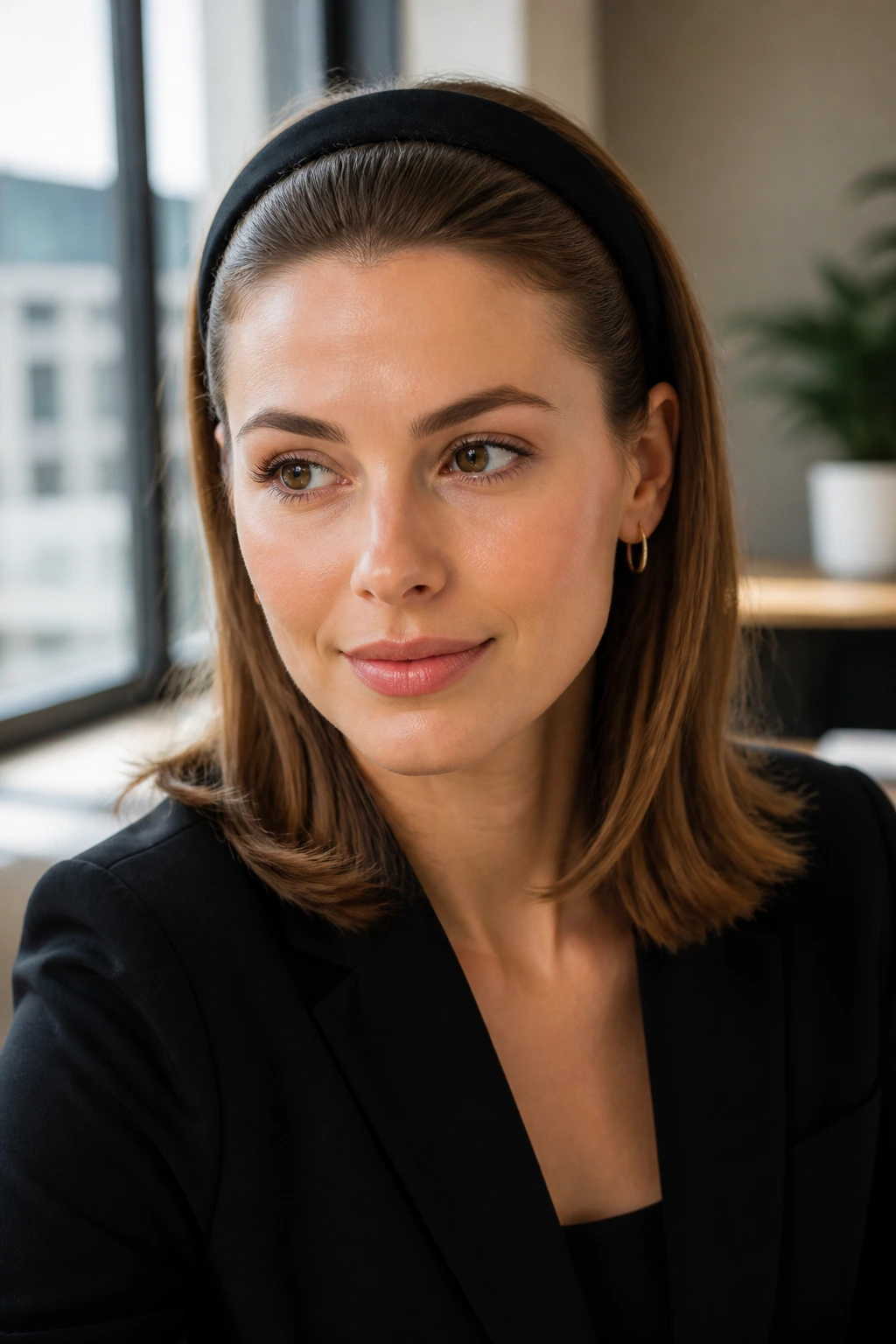 Close-up of a real woman wearing a headband tuck hairstyle in an office setting