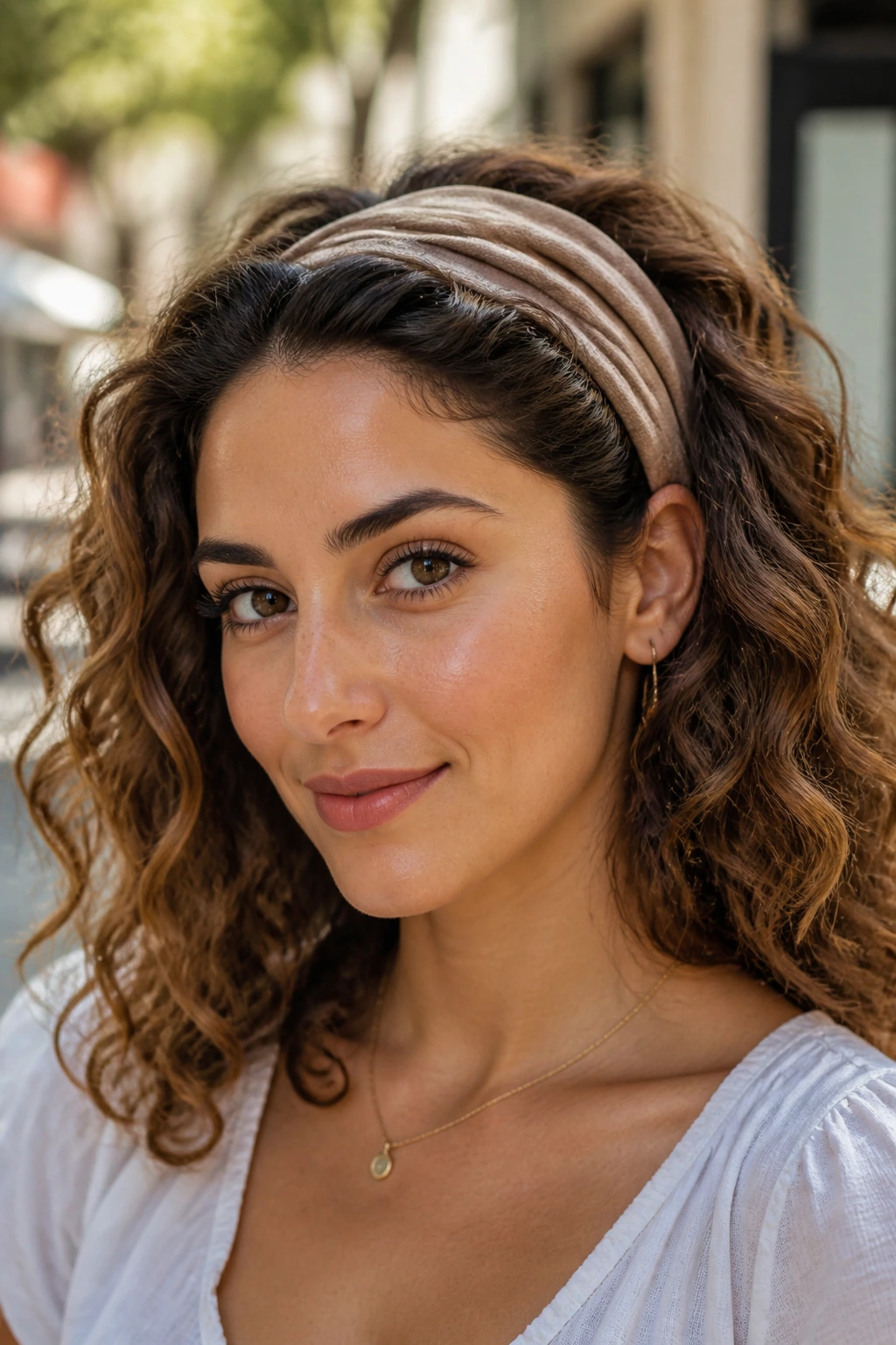 Close-up portrait of a real woman wearing a headband with hair tucked around the crown