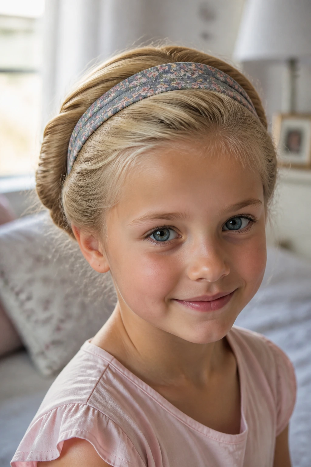 Close-up of a real blonde child wearing a headband tuck-in hairstyle in a cozy bedroom