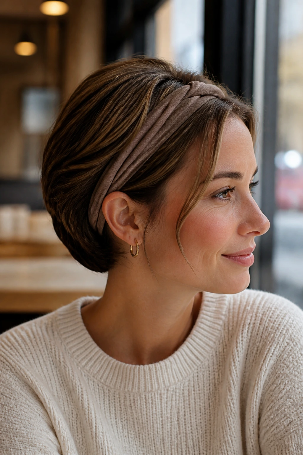 Portrait of layered short hair tucked under a headband.