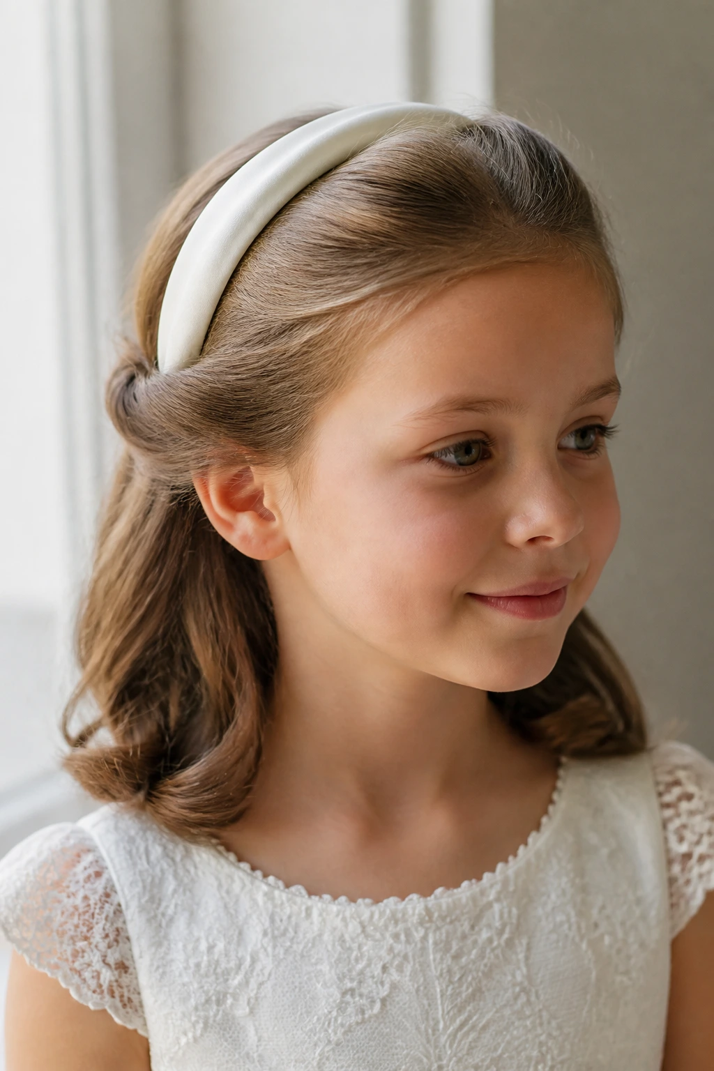 Real child with mid-length hair tucked under a satin headband