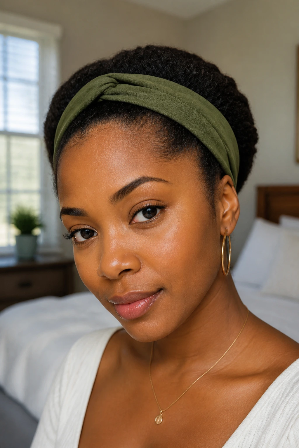 Close-up portrait of a real woman showing headband tuck hairstyle on medium-length natural hair