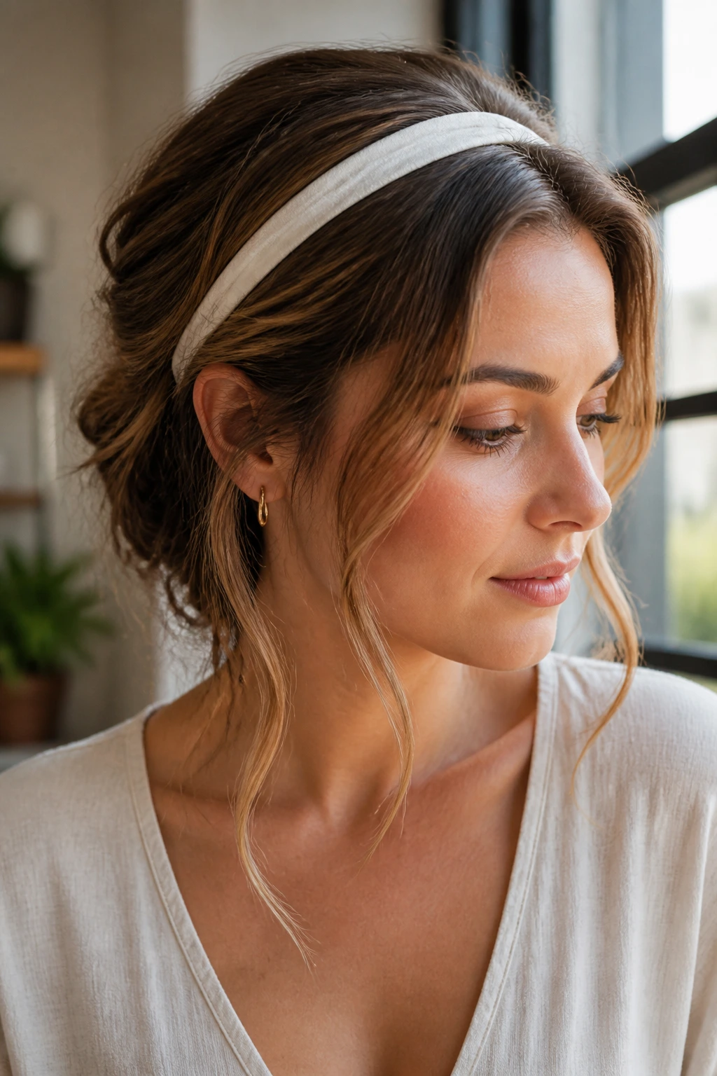 Close-up of head with headband tuck hairstyle