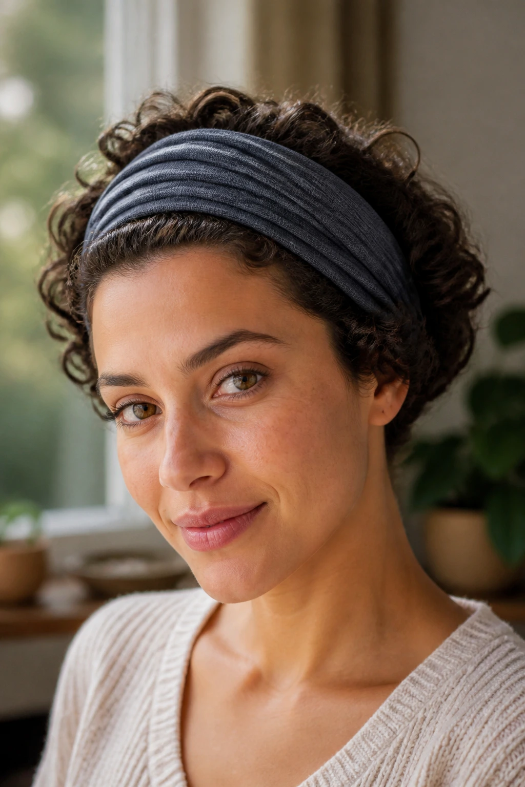 Close-up of a real woman with headband tuck hairstyle