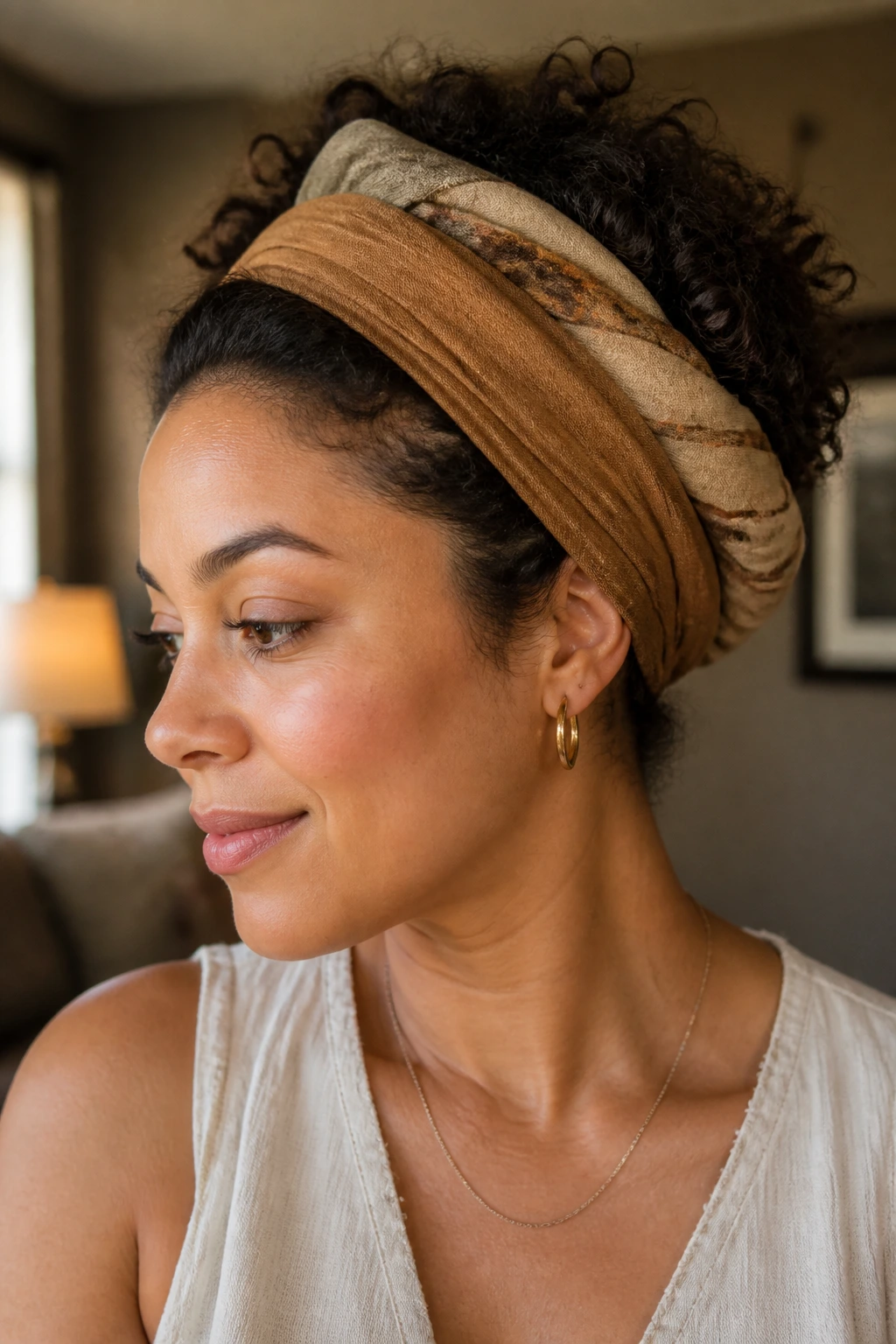 Close-up portrait of a real woman with headband tuck and soft scarf hairstyle