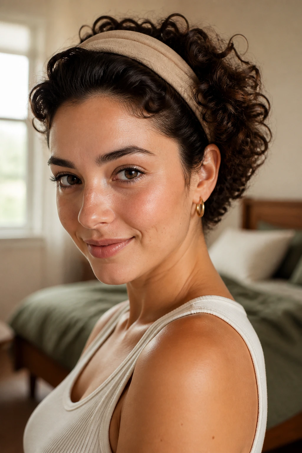 Real person with short curls tucked under a headband in a window-lit cozy room.