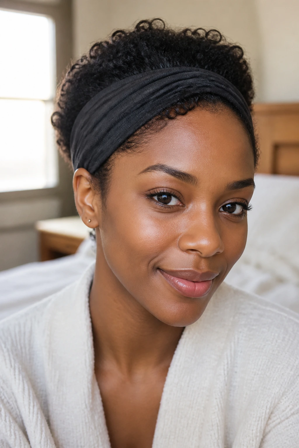 Close-up of a real woman with a headband tuck hairstyle
