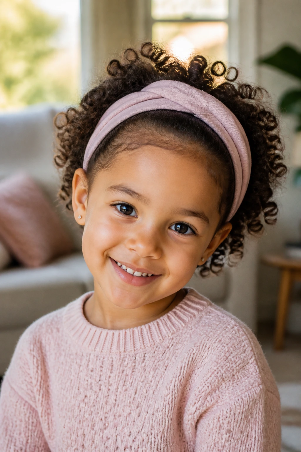 Child wearing a soft headband tucking front curls, warm indoor lighting