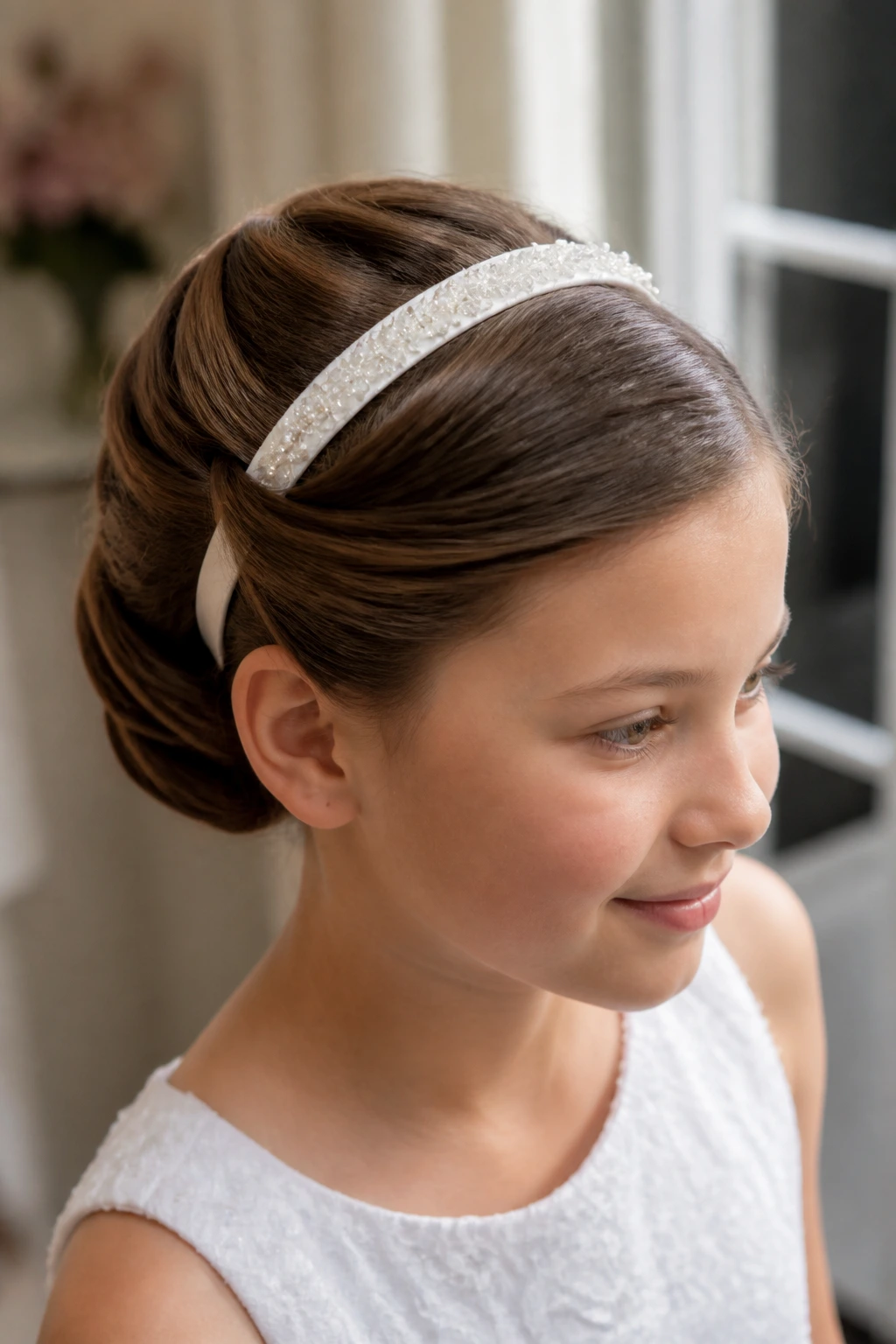 Close-up of a real child with a headband tuck updo in a church prep area.