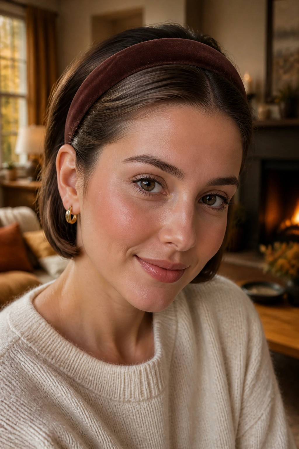 Close-up of a woman wearing the headband tuck hairstyle with ends tucked under a wide headband