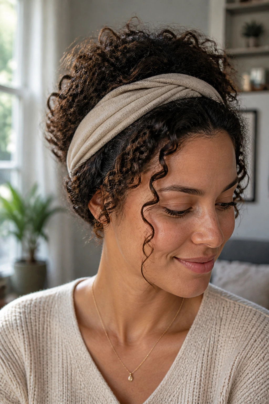 Close-up of a real woman with a fabric headband and softly tucked hair